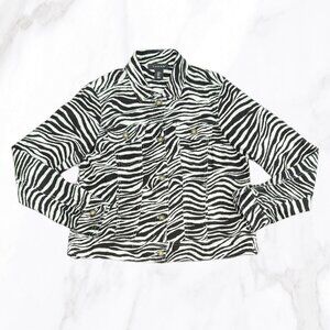 Tahari Women's Linen Zebra Print Cropped Button Up Jacket, Size M‎